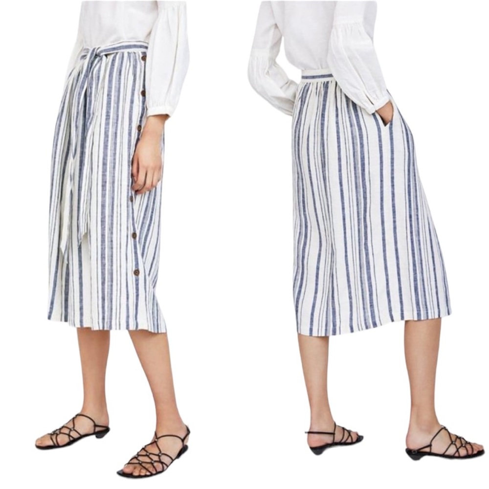 Zara Medium Blue and White Stripe 💯 Linen Midi Length Button Down Skirt G